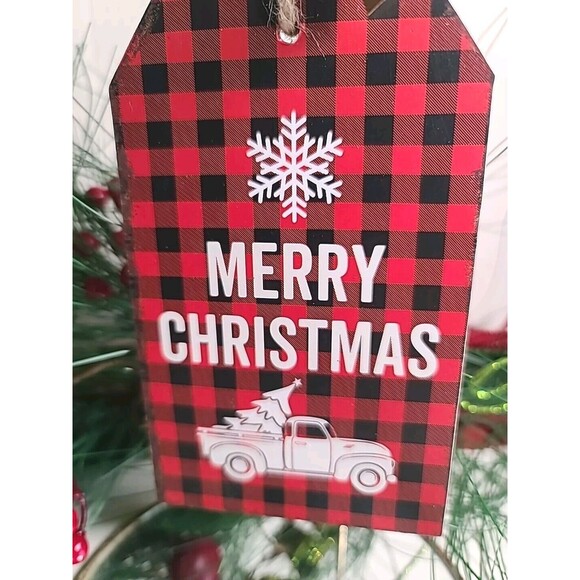 NWT 6"X3.5" Merry Christmas Wood Beaded  Tag Ornament Buffalo Check Farmhouse - Picture 2 of 7